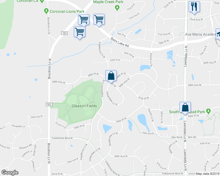 map of restaurants, bars, coffee shops, grocery stores, and more near 6810 Urbandale Lane North in Maple Grove