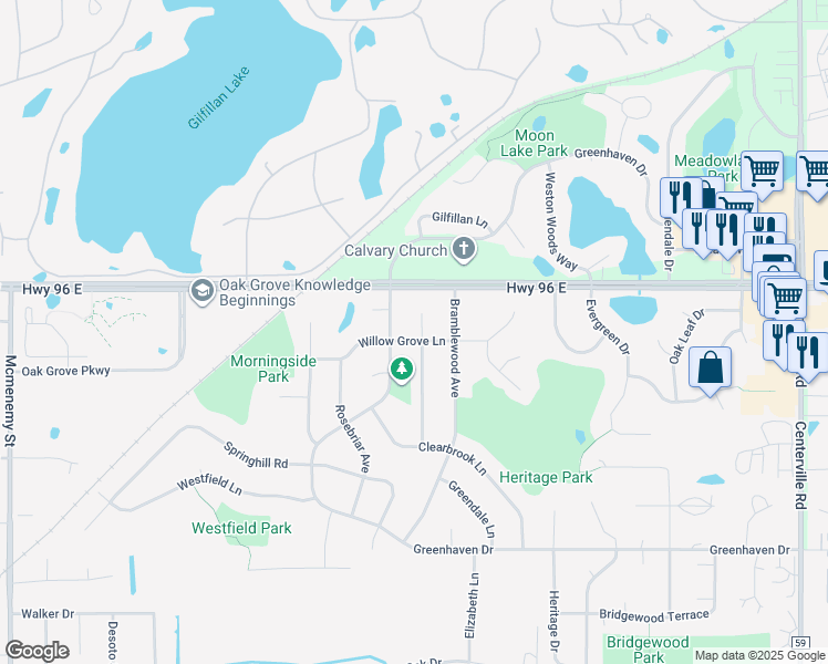 map of restaurants, bars, coffee shops, grocery stores, and more near 4525 Oakhurst Avenue in Vadnais Heights