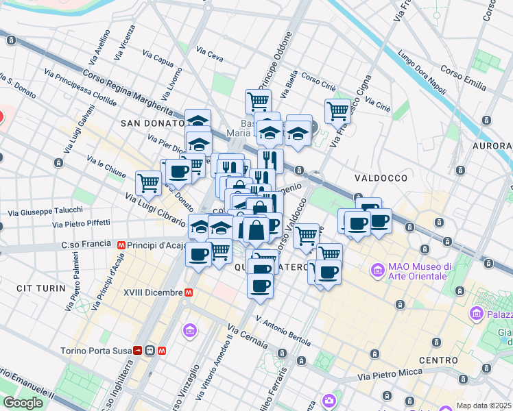 map of restaurants, bars, coffee shops, grocery stores, and more near 8-10 Via Carlo Allioni in Torino