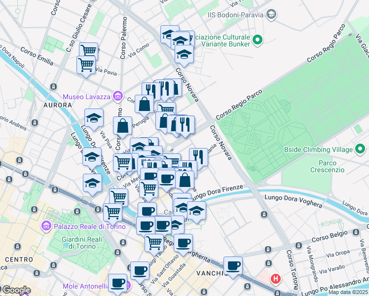 map of restaurants, bars, coffee shops, grocery stores, and more near 39 Via Messina in Turin