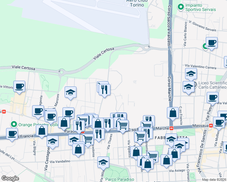 map of restaurants, bars, coffee shops, grocery stores, and more near 2 Piazza Sandro Pertini in Collegno