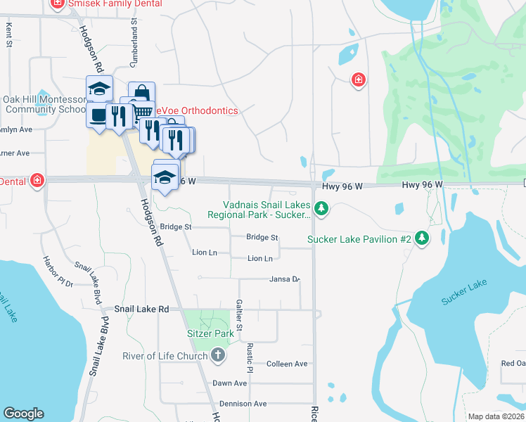 map of restaurants, bars, coffee shops, grocery stores, and more near 193 Galtier Place in Shoreview