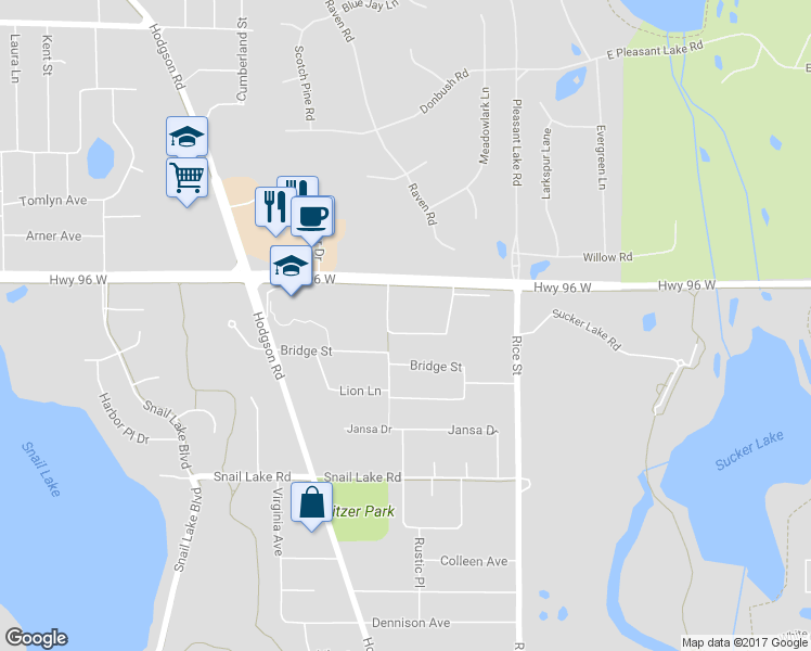 map of restaurants, bars, coffee shops, grocery stores, and more near 217 Galtier Place in Shoreview