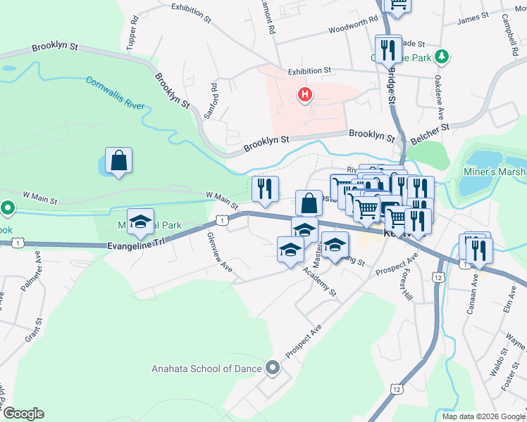 map of restaurants, bars, coffee shops, grocery stores, and more near 535 Nova Scotia Trunk 1 in Kentville