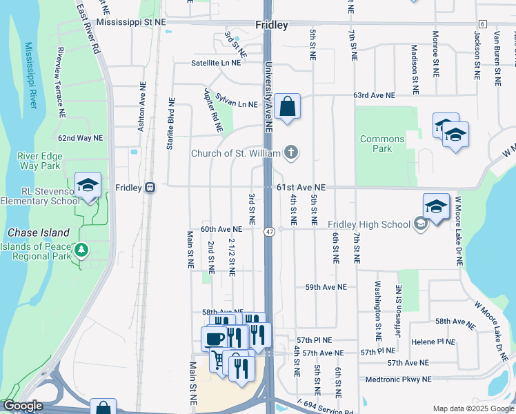map of restaurants, bars, coffee shops, grocery stores, and more near 6041 3rd Street Northeast in Fridley