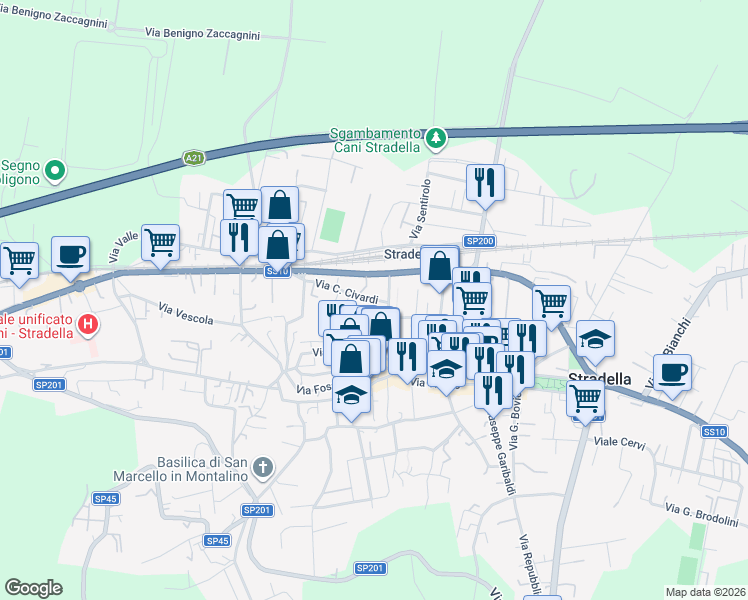 map of restaurants, bars, coffee shops, grocery stores, and more near 64 Via Carlo Civardi in Stradella