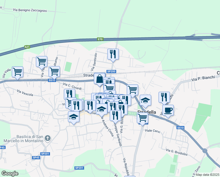 map of restaurants, bars, coffee shops, grocery stores, and more near 43 Via Giuseppe Mazzini in Stradella