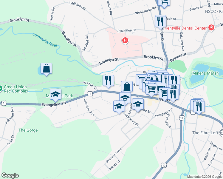 map of restaurants, bars, coffee shops, grocery stores, and more near 525 Main Street in Kentville