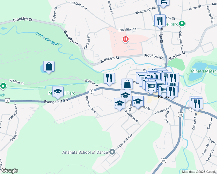 map of restaurants, bars, coffee shops, grocery stores, and more near 535 Nova Scotia Trunk 1 in Kentville