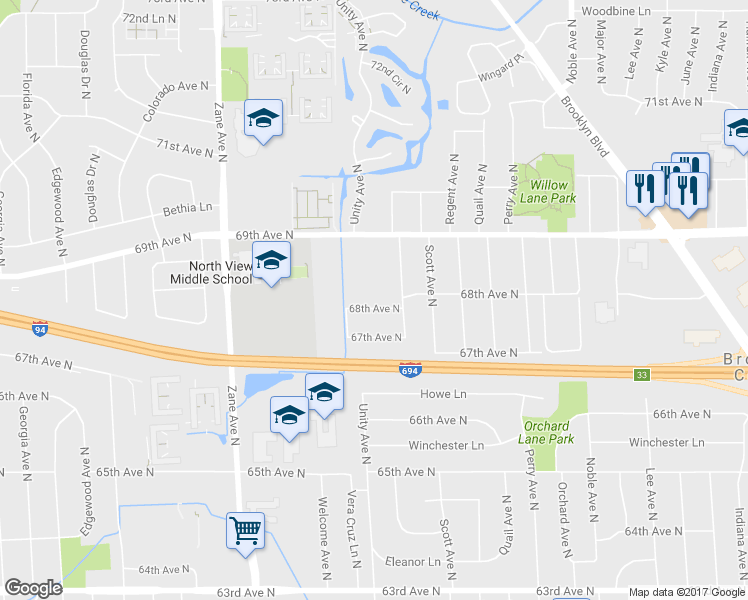 map of restaurants, bars, coffee shops, grocery stores, and more near 5318 68th Avenue North in Minneapolis