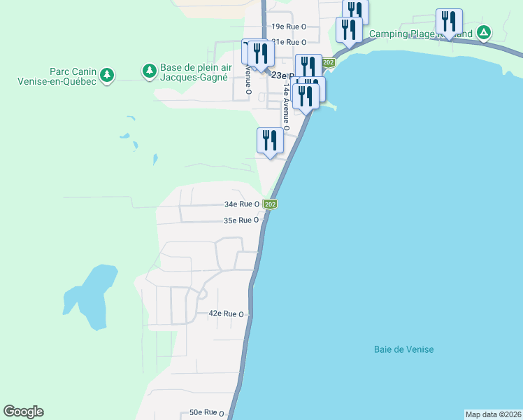 map of restaurants, bars, coffee shops, grocery stores, and more near 337 Avenue de Venise Ouest in Venise-en-Québec