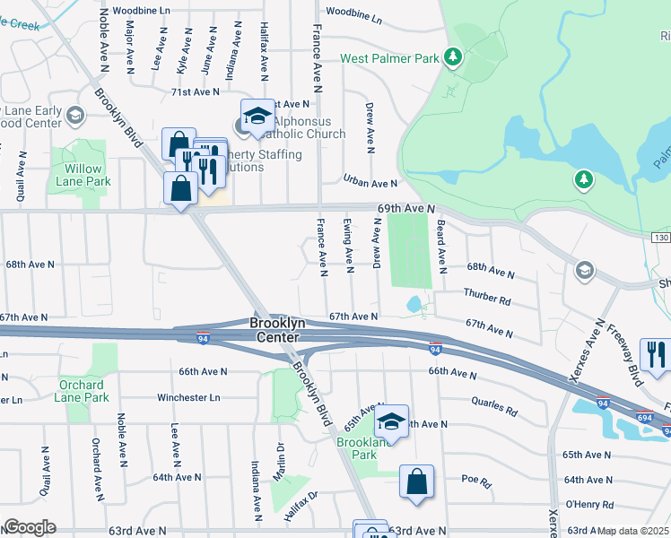 map of restaurants, bars, coffee shops, grocery stores, and more near 6742 France Avenue North in Minneapolis