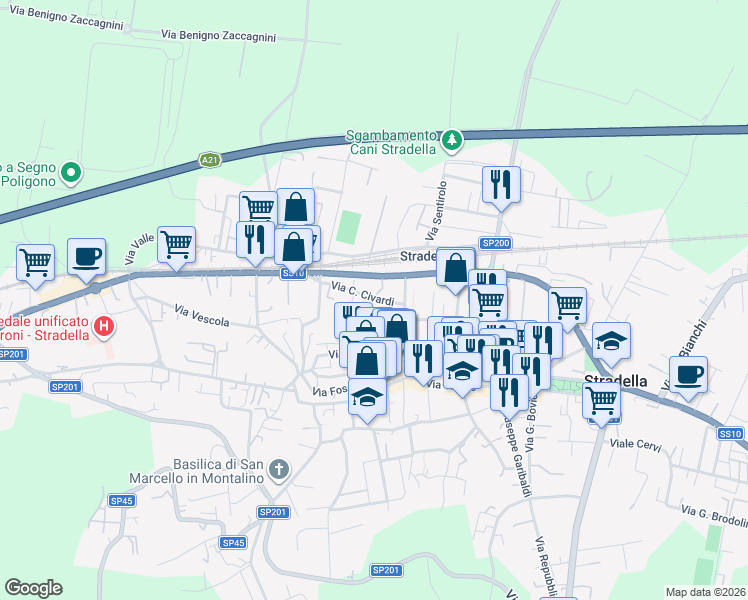 map of restaurants, bars, coffee shops, grocery stores, and more near 64 Via C. Civardi in Stradella