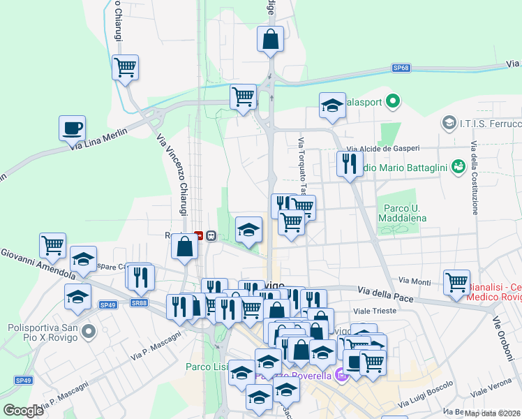 map of restaurants, bars, coffee shops, grocery stores, and more near 2 Via Aldo Moro in Rovigo
