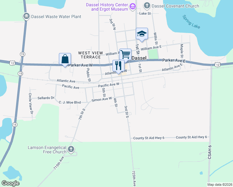 map of restaurants, bars, coffee shops, grocery stores, and more near 210 4th Street South in Dassel