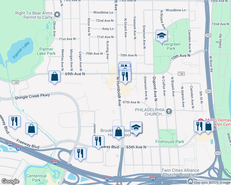 map of restaurants, bars, coffee shops, grocery stores, and more near 6737 North Humboldt Avenue in Minneapolis