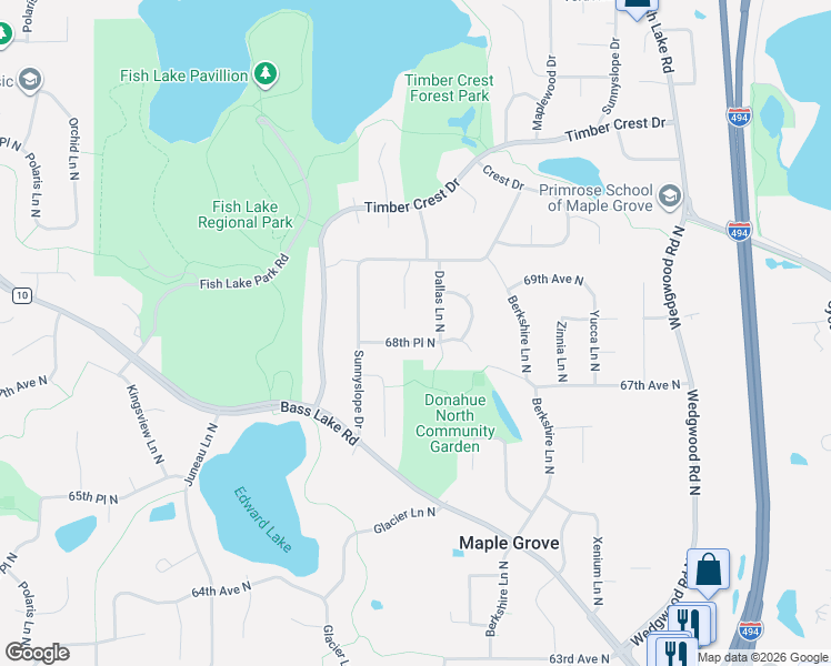 map of restaurants, bars, coffee shops, grocery stores, and more near 14090 68th Place North in Osseo