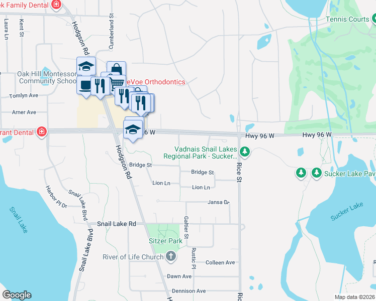 map of restaurants, bars, coffee shops, grocery stores, and more near 217 Galtier Place in Shoreview