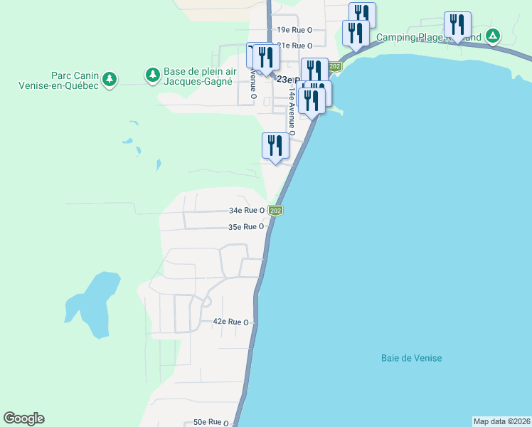 map of restaurants, bars, coffee shops, grocery stores, and more near 335 Avenue de Venise Ouest in Venise-en-Québec