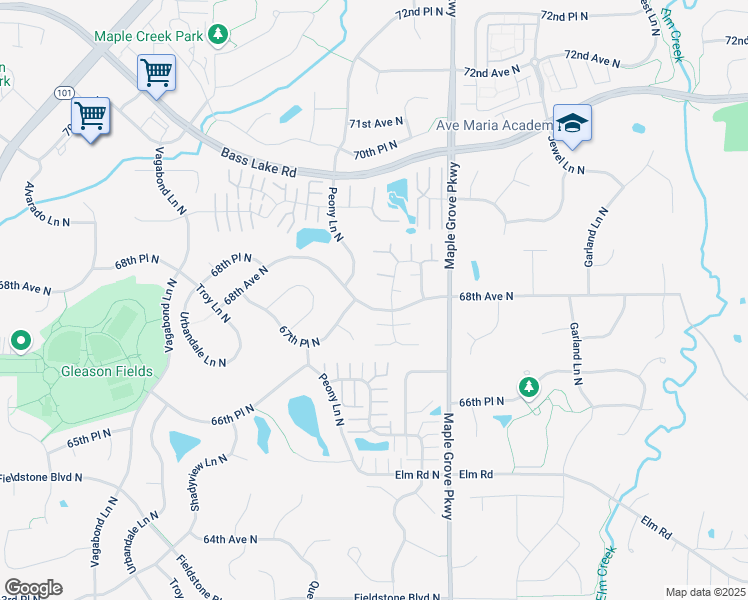 map of restaurants, bars, coffee shops, grocery stores, and more near 6807 Narcissus Lane North in Maple Grove