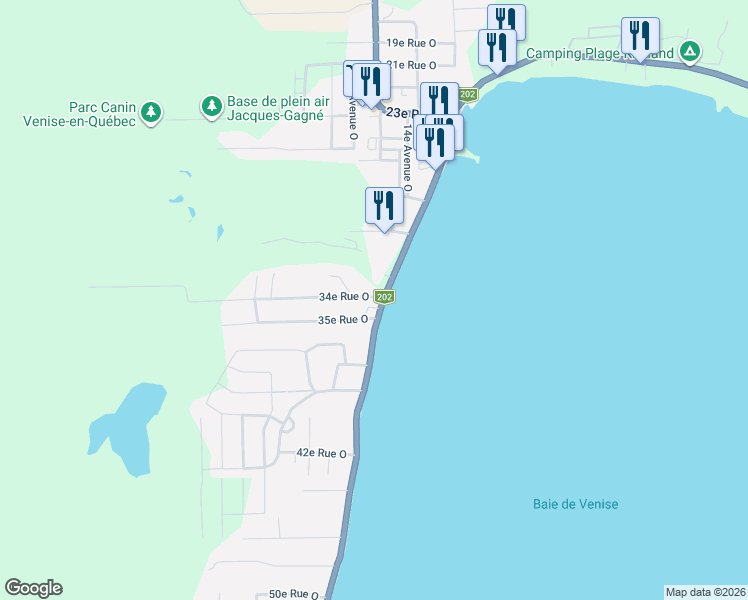 map of restaurants, bars, coffee shops, grocery stores, and more near 335 Avenue de Venise Ouest in Venise-en-Québec