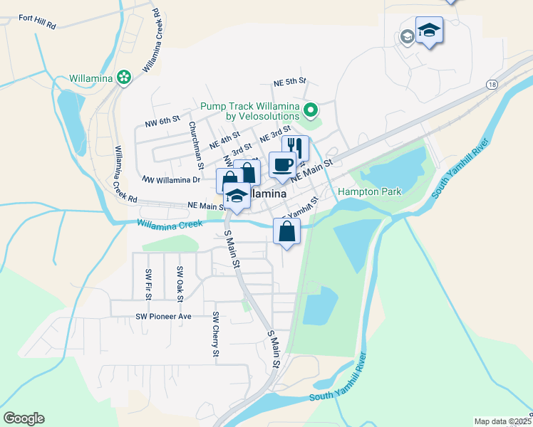 map of restaurants, bars, coffee shops, grocery stores, and more near 182 Northeast C Street in Willamina