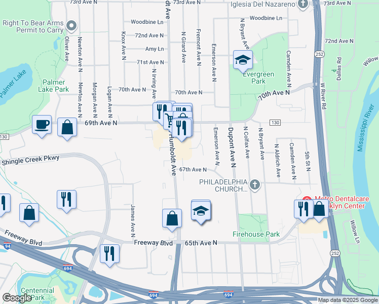 map of restaurants, bars, coffee shops, grocery stores, and more near 1343 67th Lane North in Brooklyn Center