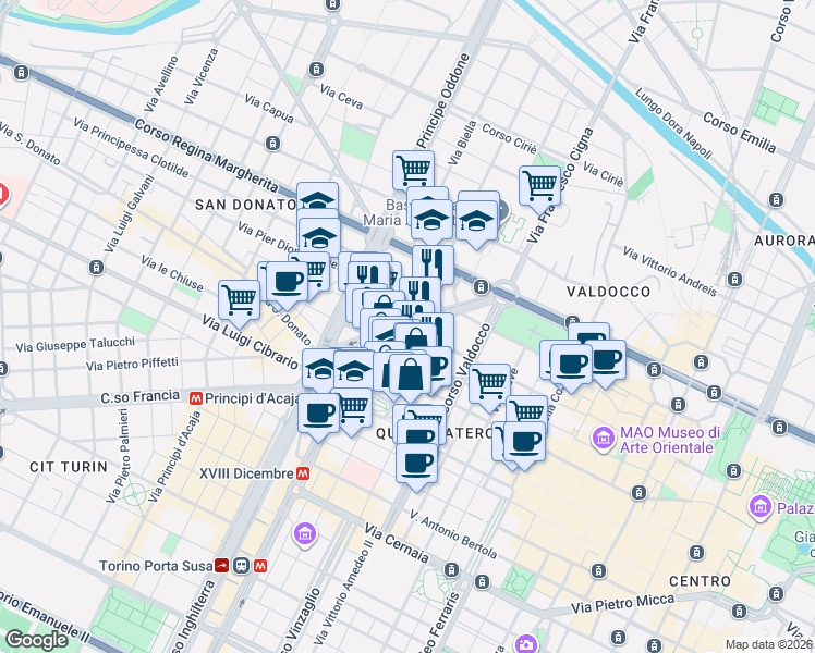 map of restaurants, bars, coffee shops, grocery stores, and more near 8-10 Via Carlo Allioni in Torino