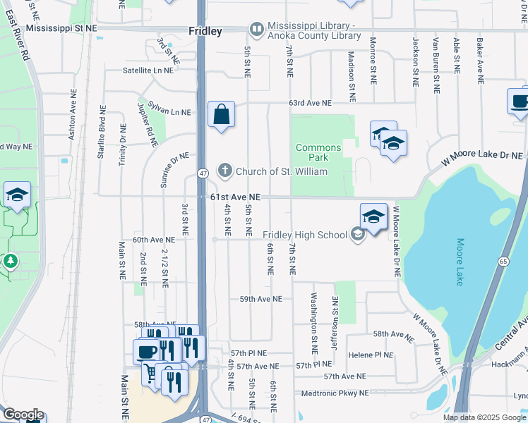 map of restaurants, bars, coffee shops, grocery stores, and more near 6040 6th Street Northeast in Fridley