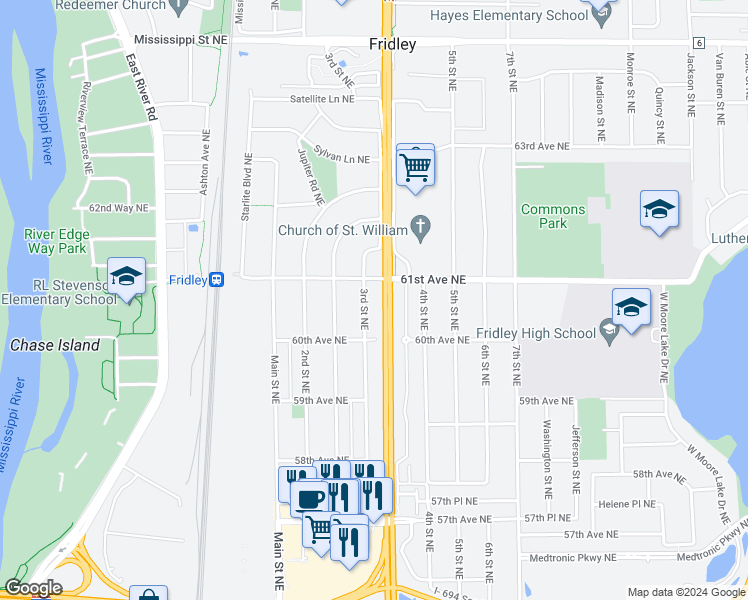 map of restaurants, bars, coffee shops, grocery stores, and more near 6041 3rd Street Northeast in Fridley