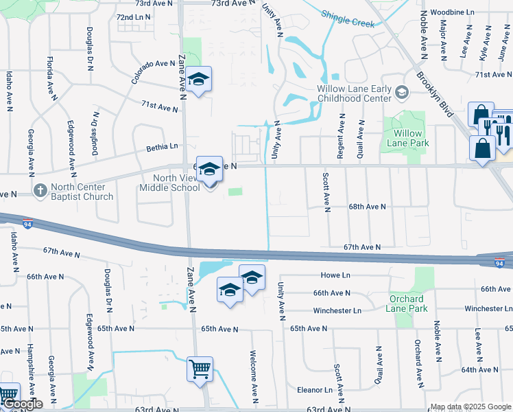 map of restaurants, bars, coffee shops, grocery stores, and more near 5418 68th Avenue North in Minneapolis