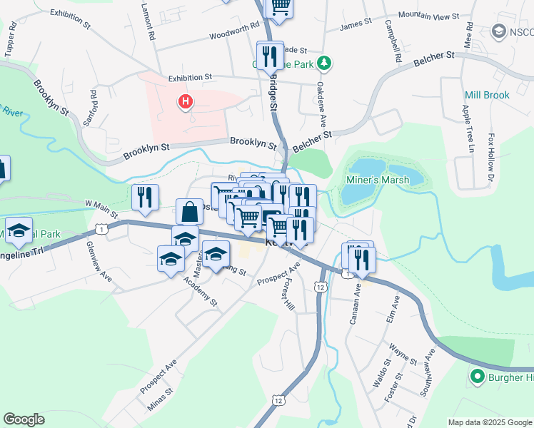 map of restaurants, bars, coffee shops, grocery stores, and more near 43 Webster Street in Kentville