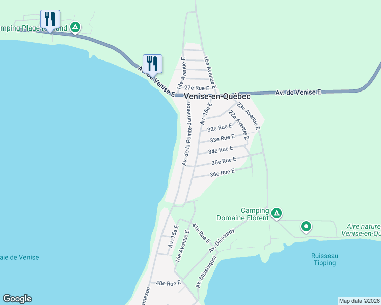 map of restaurants, bars, coffee shops, grocery stores, and more near 340 Avenue de la Pointe-Jameson in Venise-en-Québec