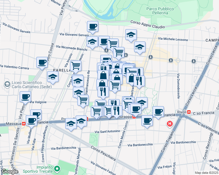 map of restaurants, bars, coffee shops, grocery stores, and more near 36 Via Exilles in Torino