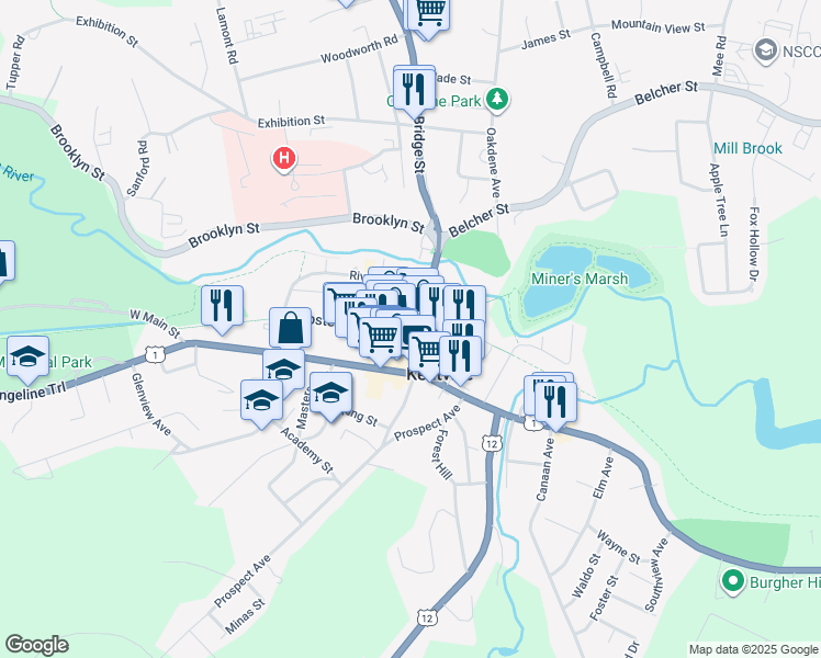 map of restaurants, bars, coffee shops, grocery stores, and more near 43 Webster Street in Kentville