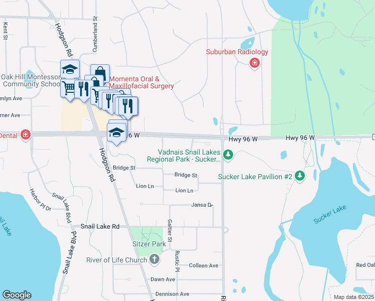 map of restaurants, bars, coffee shops, grocery stores, and more near 193 Galtier Place in Shoreview