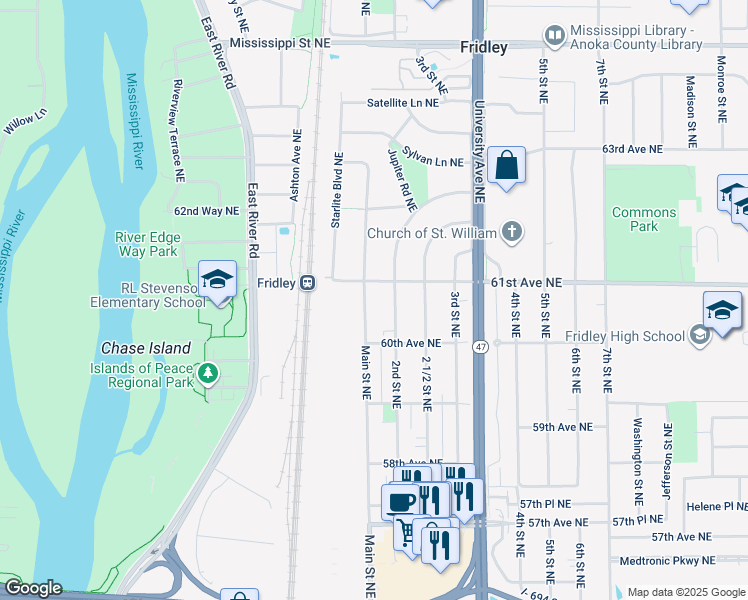map of restaurants, bars, coffee shops, grocery stores, and more near 6050 Main Street Northeast in Fridley
