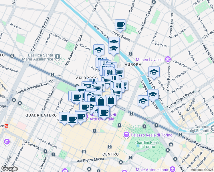 map of restaurants, bars, coffee shops, grocery stores, and more near 13 Piazza della Repubblica in Torino
