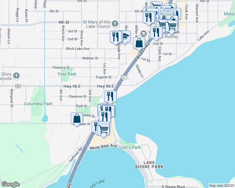 map of restaurants, bars, coffee shops, grocery stores, and more near 4542 U.S. 61 in White Bear Lake