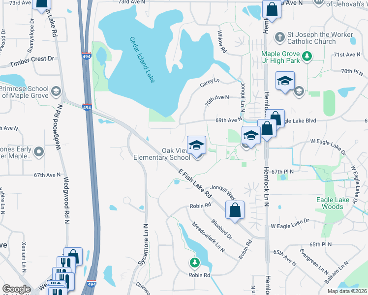 map of restaurants, bars, coffee shops, grocery stores, and more near 6710 East Fish Lake Road in Maple Grove