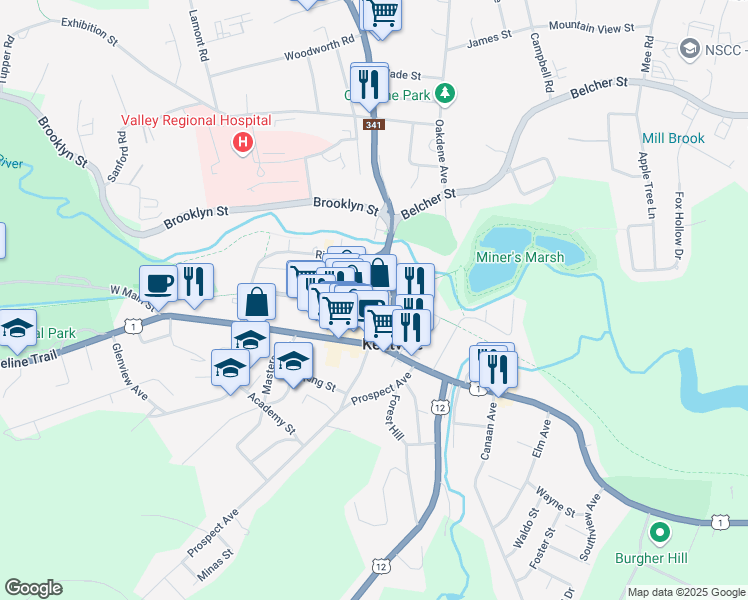 map of restaurants, bars, coffee shops, grocery stores, and more near 35 Webster Street in Kentville