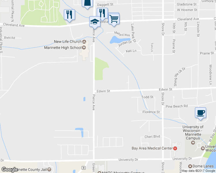 map of restaurants, bars, coffee shops, grocery stores, and more near 1610 Edwin Street in Marinette