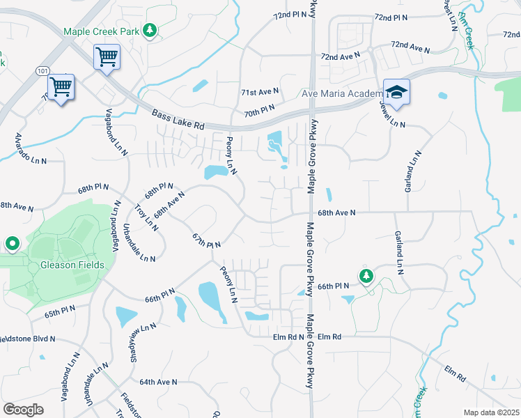 map of restaurants, bars, coffee shops, grocery stores, and more near 6807 Narcissus Lane North in Maple Grove
