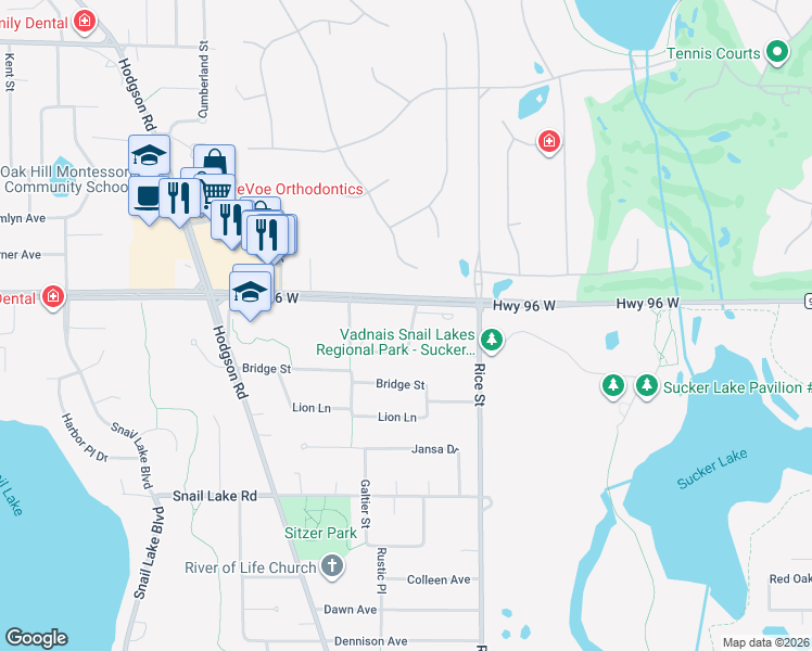 map of restaurants, bars, coffee shops, grocery stores, and more near 193 Galtier Place in Shoreview