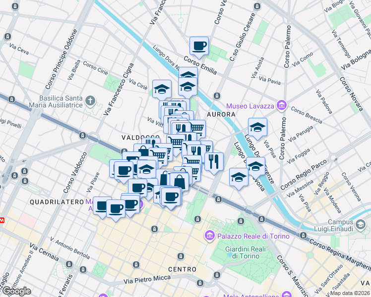 map of restaurants, bars, coffee shops, grocery stores, and more near 22 Piazza della Repubblica in Torino