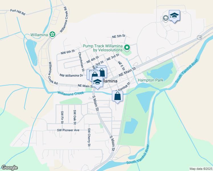 map of restaurants, bars, coffee shops, grocery stores, and more near 182 Northeast C Street in Willamina