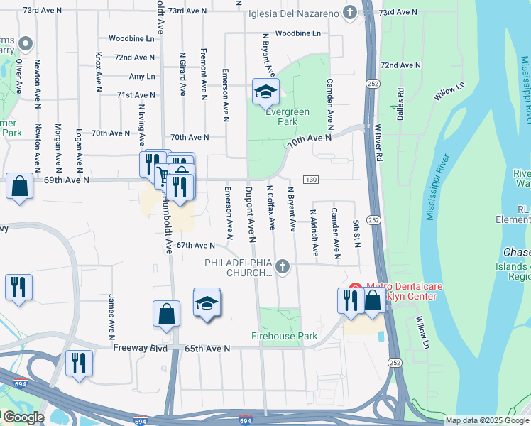 map of restaurants, bars, coffee shops, grocery stores, and more near 6737 North Colfax Avenue in Minneapolis
