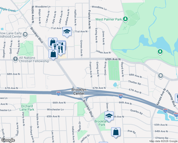 map of restaurants, bars, coffee shops, grocery stores, and more near 6760 Grimes Place North in Brooklyn Center