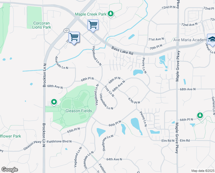 map of restaurants, bars, coffee shops, grocery stores, and more near 6848 Troy Lane North in Maple Grove