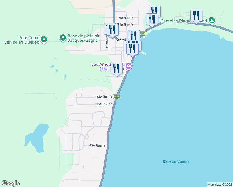 map of restaurants, bars, coffee shops, grocery stores, and more near 331 Avenue de Venise Ouest in Venise-En-Quã©Bec